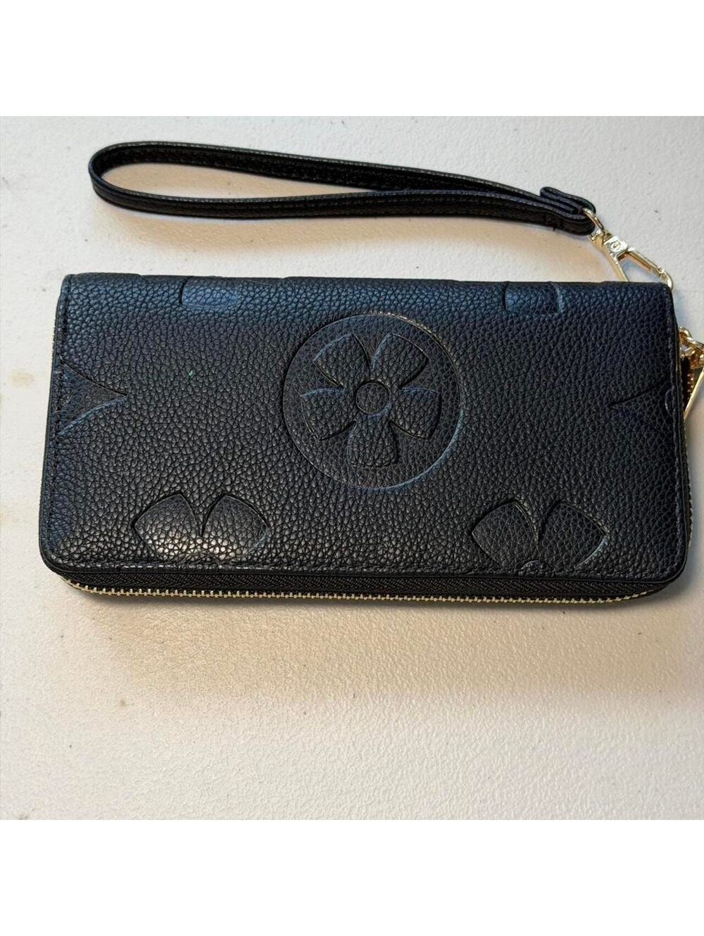 Black Embossed Leather Wristlet Wallet with Gold Zipper